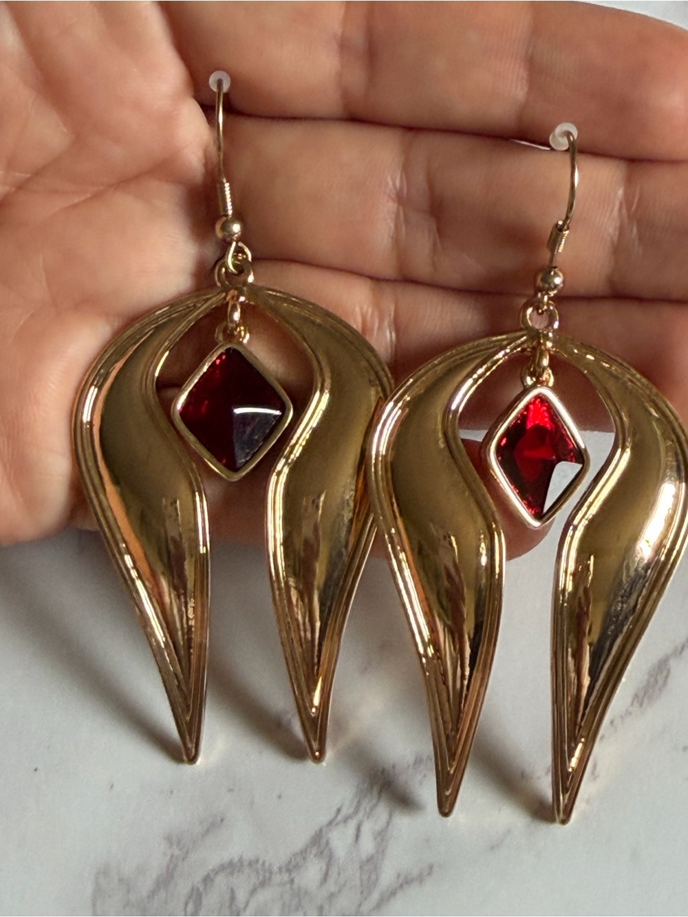 Rose Pierre Gold-Tone Drop Earrings with Red Gemstone Accent